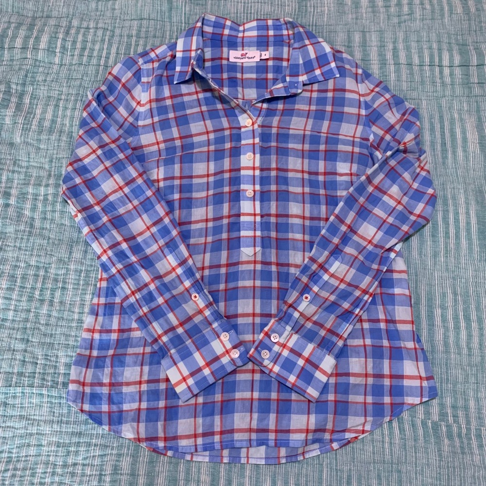 Vineyard Vines Plaid Button Down Shirt Blue Red White Women Size 4‎ Long Sleeve